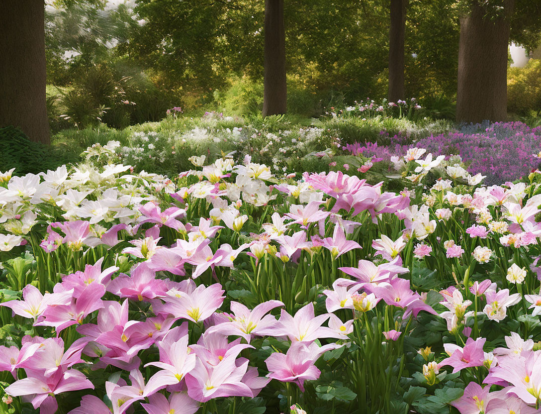 Blooming white and pink flowers in lush garden setting