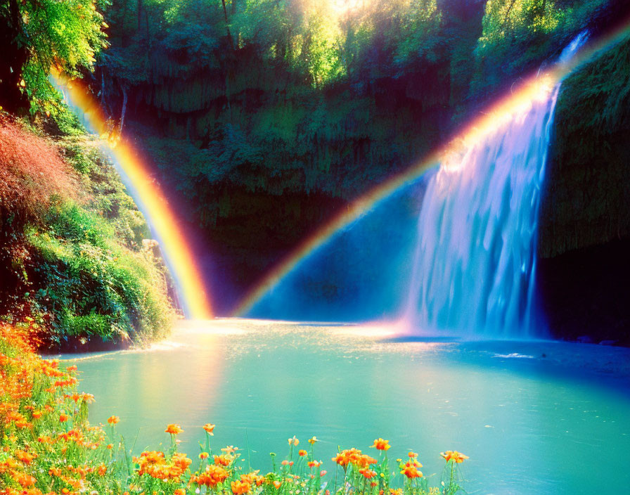 Double rainbow over vibrant waterfall in lush green landscape