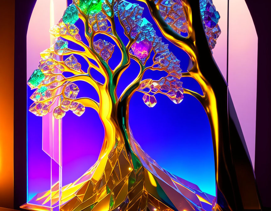 Colorful digital artwork: stylized golden tree with jewel-like foliage on purple-orange gradient.