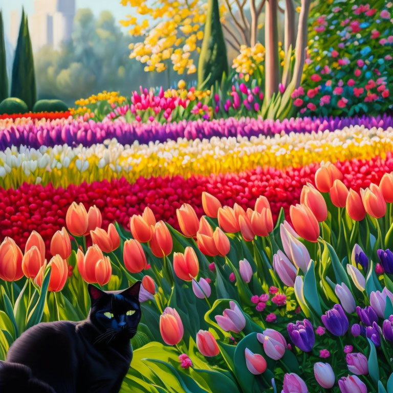 Colorful tulip field painting with black cat - vibrant red, pink, yellow, purple flowers