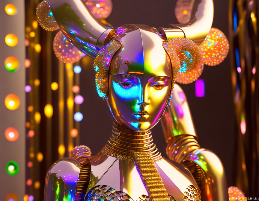 Golden humanoid robot with horns in colorful bokeh lights