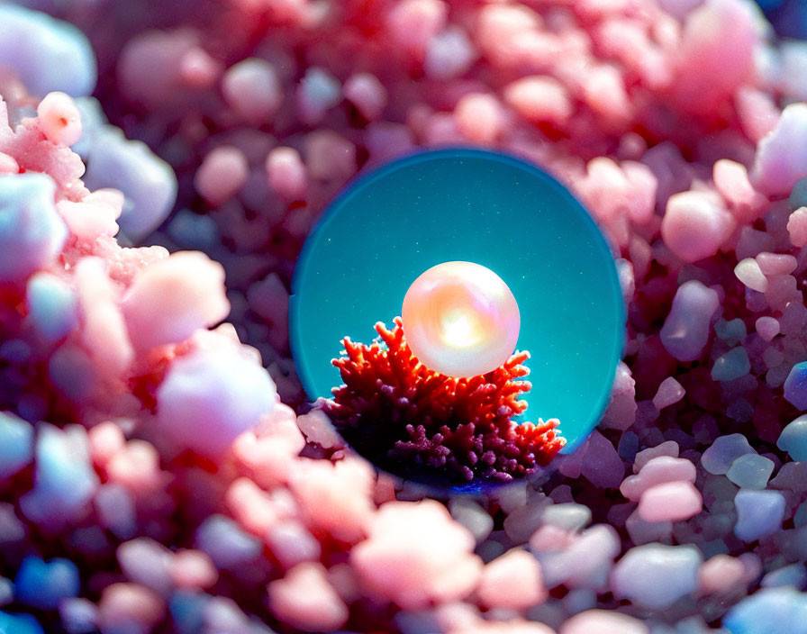 Pearl on vibrant red sea anemone surrounded by pink and white textures