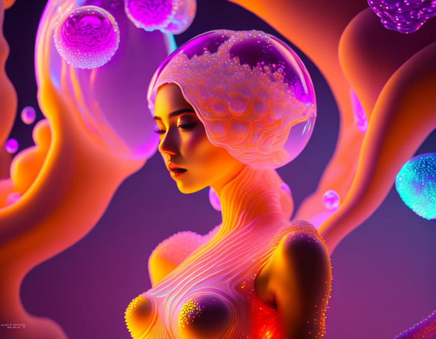 Surreal portrait of woman with glowing skin and vibrant spheres