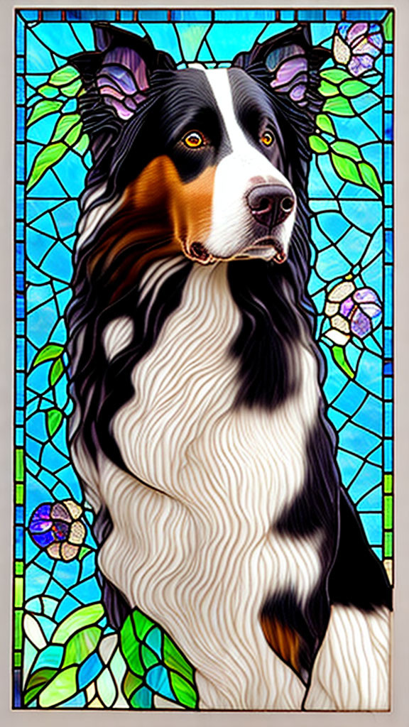 Colorful Border Collie Portrait in Stained Glass Art