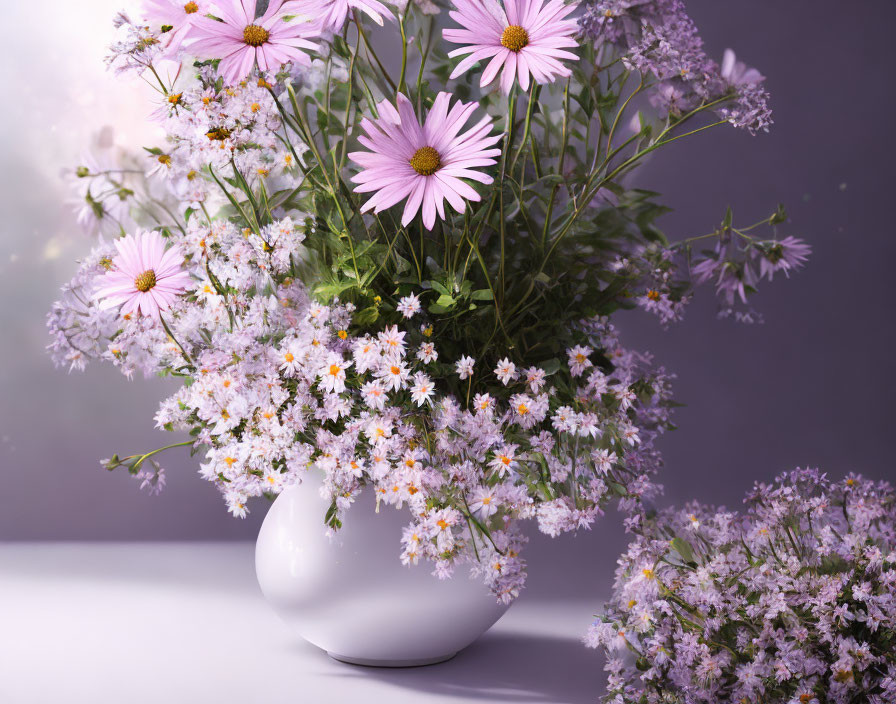 Pink and White Flower Bouquet in White Vase on Soft Purple Background