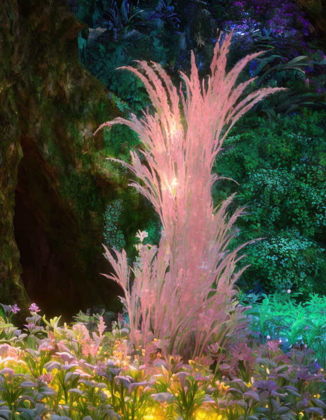 Luminescent pink plant in mystical forest with cave entrance