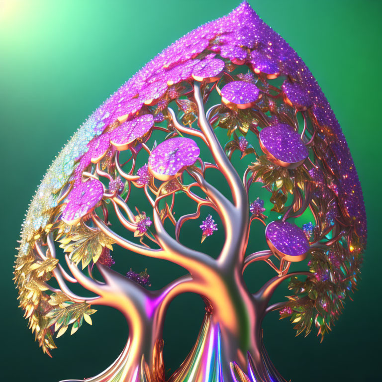 Colorful digital artwork: Tree with spherical canopy and sparkling leaves on gradient background