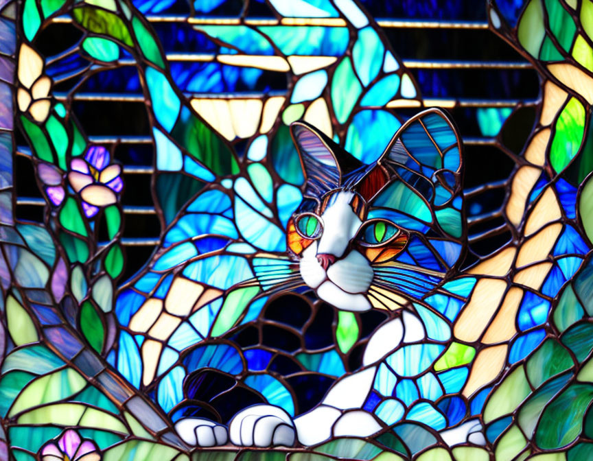 Colorful stained glass window with cat and floral motifs