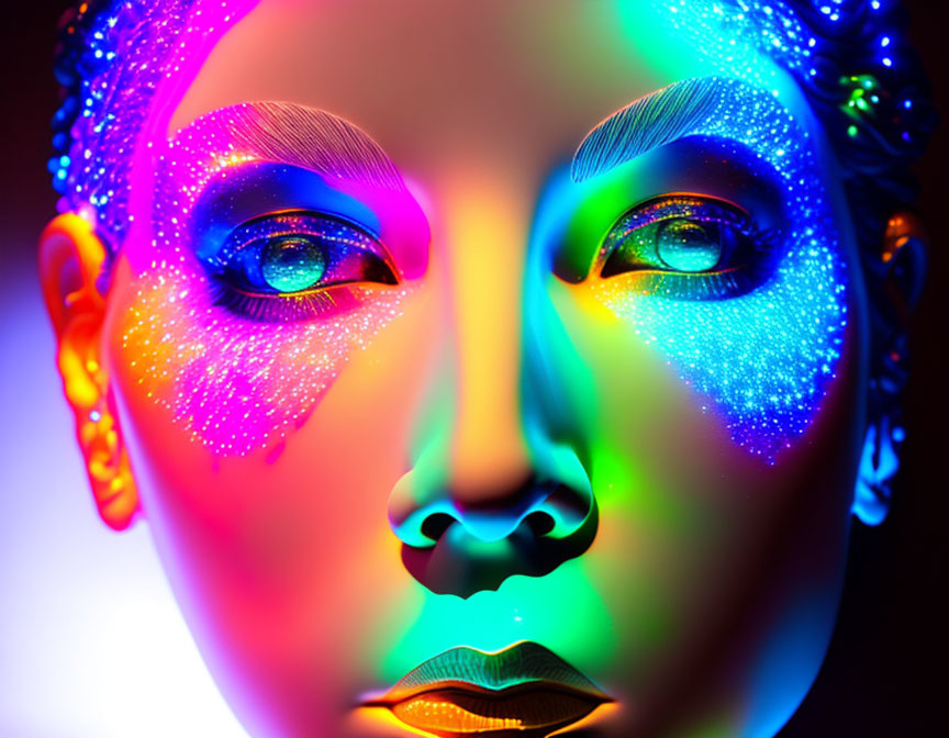 Colorful close-up portrait with neon paint on face.