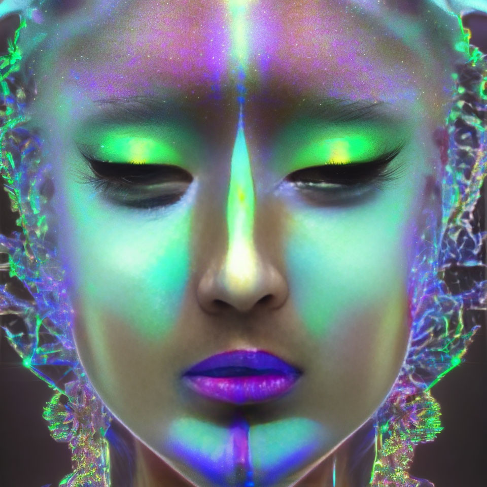 Close-up of person with iridescent skin and neon-colored features.