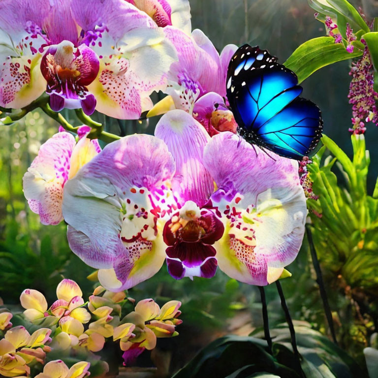 Blue butterfly on purple and white orchids with green background