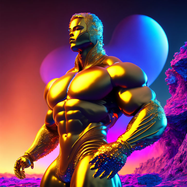 Golden muscular figure in vibrant surreal setting.