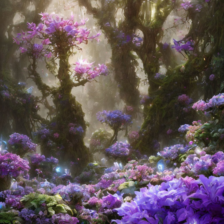 Enchanting forest with purple flowers, mossy trees, and ethereal light