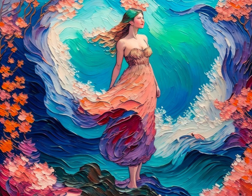 Woman in flowy dress surrounded by vibrant blue and floral swirls