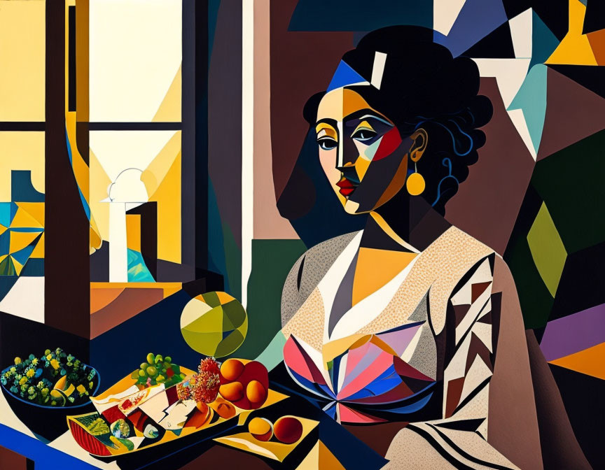 Cubist-style painting of woman with geometric features at table with fruit