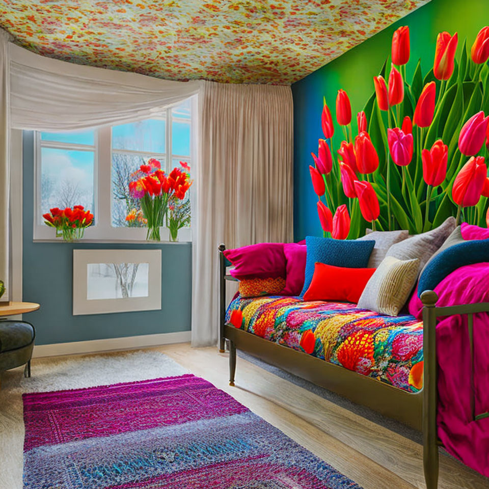 Colorful Floral Bedroom Decor with Tulip Wallpaper and Sheer Curtains