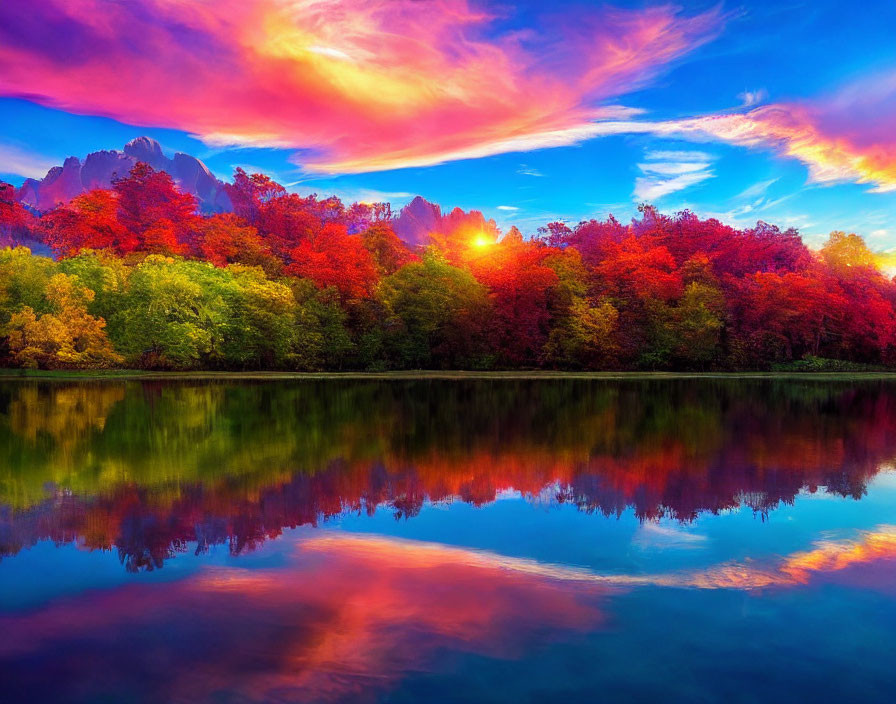 Colorful sunset over tranquil lake with autumn foliage