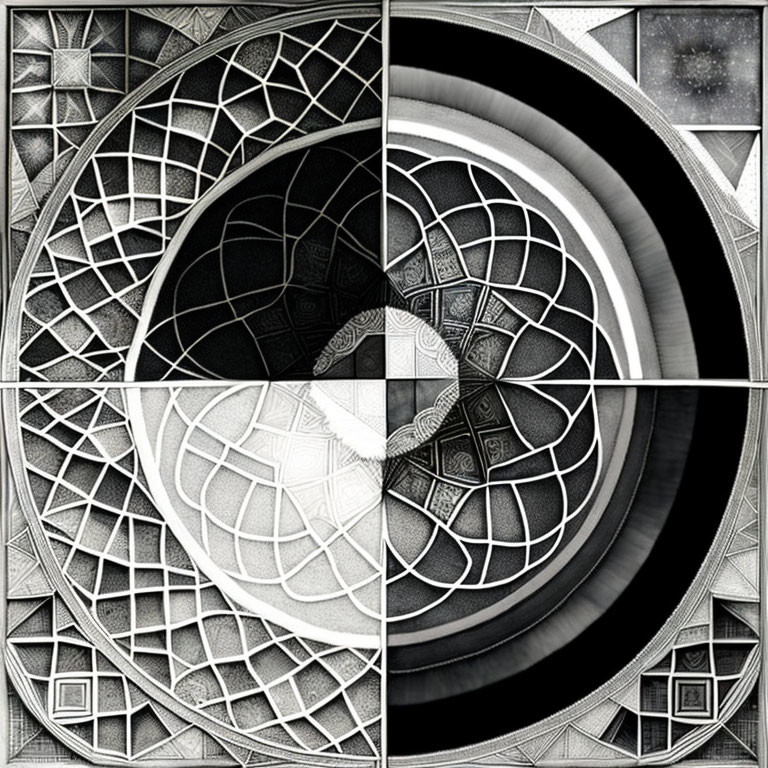 Abstract Black and White Geometric Collage of Interconnected Spirals