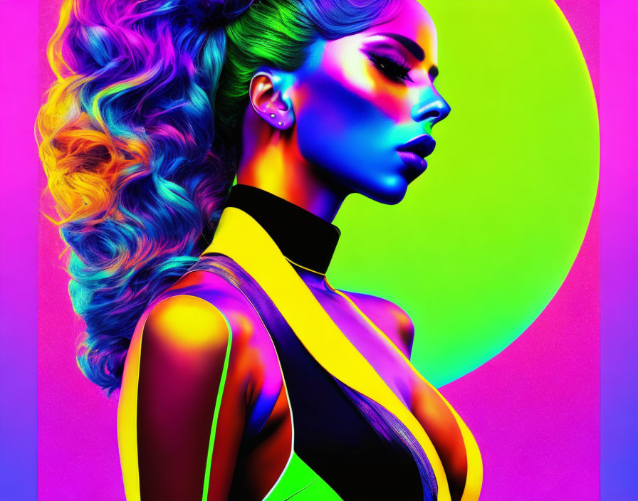 Colorful portrait of a woman with neon makeup and curly hair on vibrant gradient circle backdrop