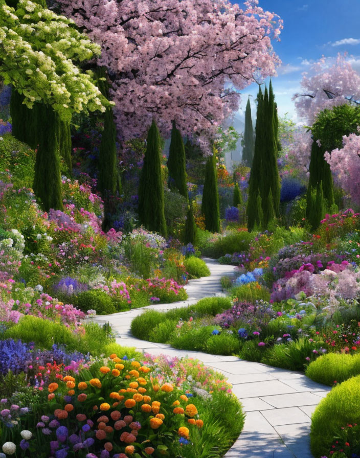 Lush Flower-Lined Garden Path in Full Bloom