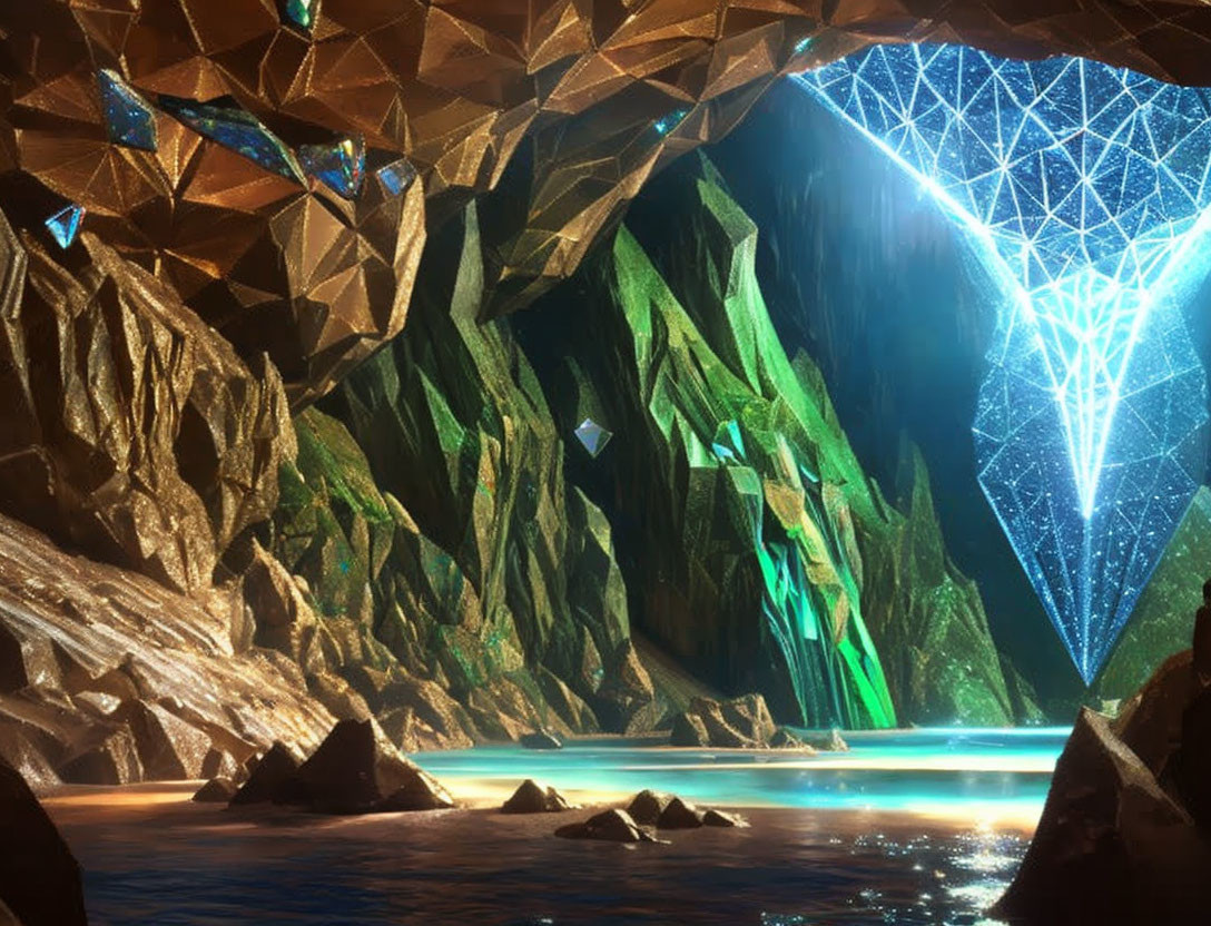 Crystal-lined cave with tranquil waterbody and vibrant blue light