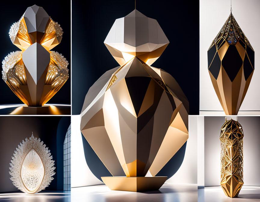 Metallic geometric sculptures with intricate designs on contrasting backdrop