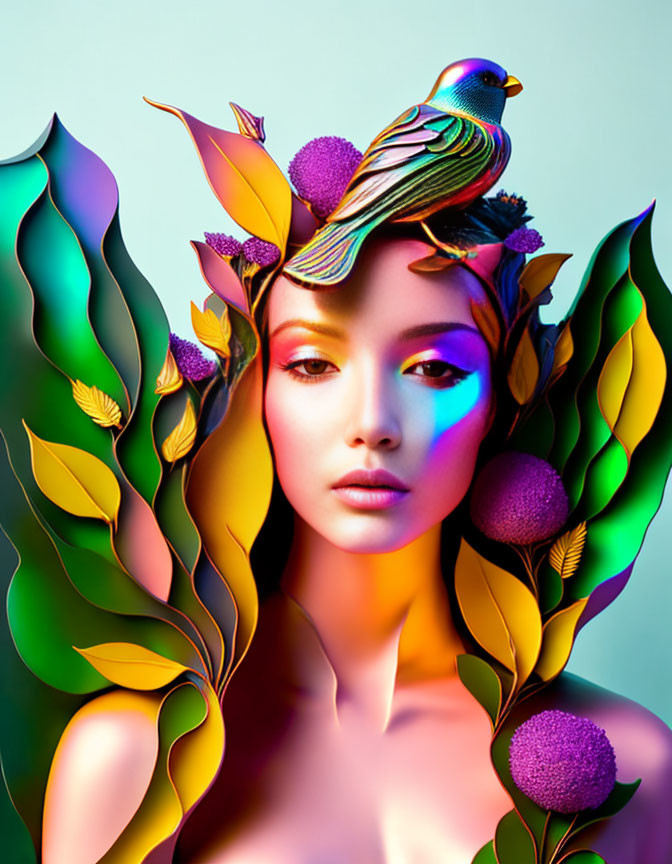 Vibrant portrait of woman with bird, leaves, and flowers on gradient background