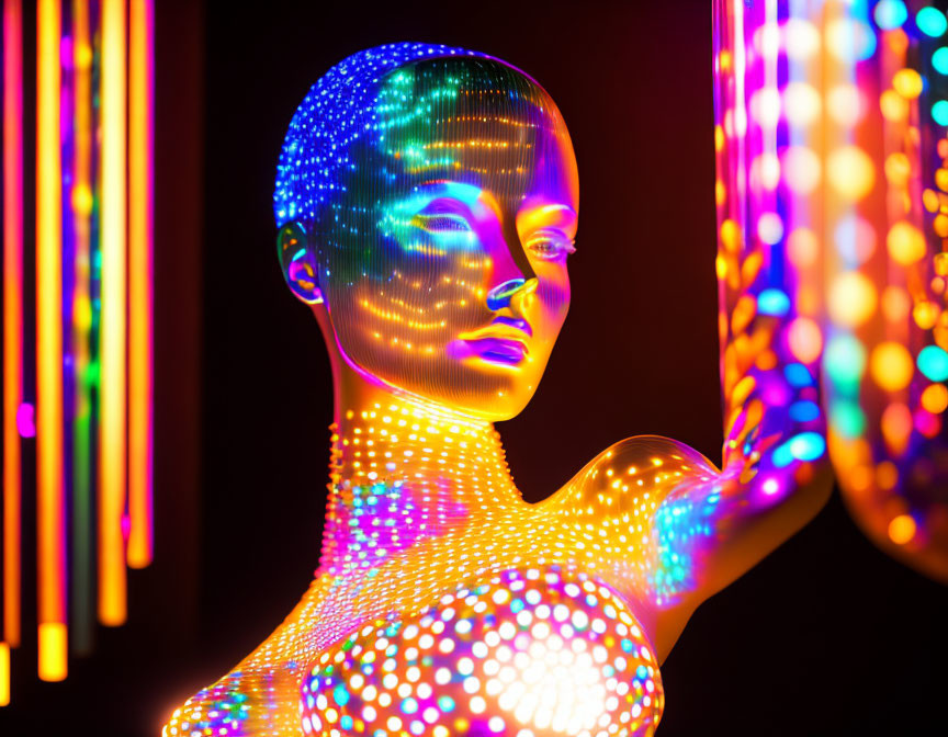 Colorful illuminated mannequin with neon backdrop.