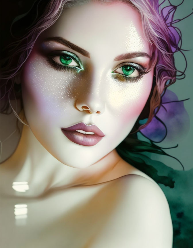 Digital artwork featuring woman with green eyes, purple hair, and iridescent skin on abstract green backdrop