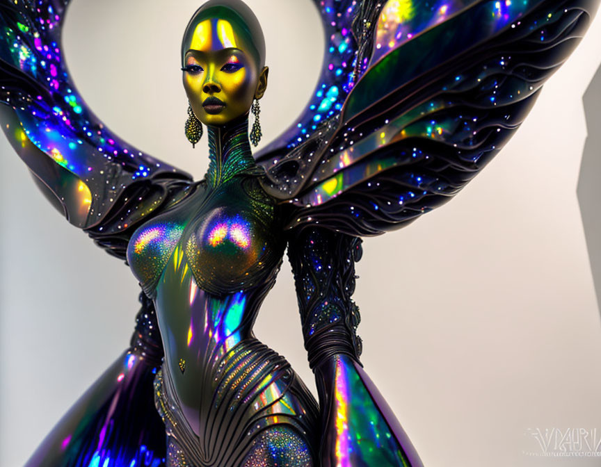 Metallic-skinned figure with iridescent wings and bold makeup