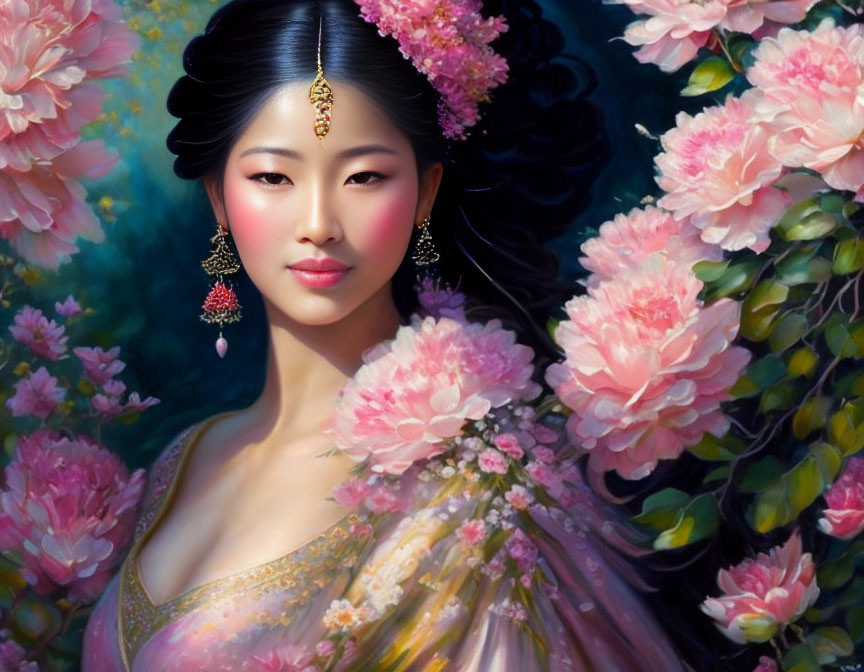 Elegant woman with traditional jewelry in pink blossoms