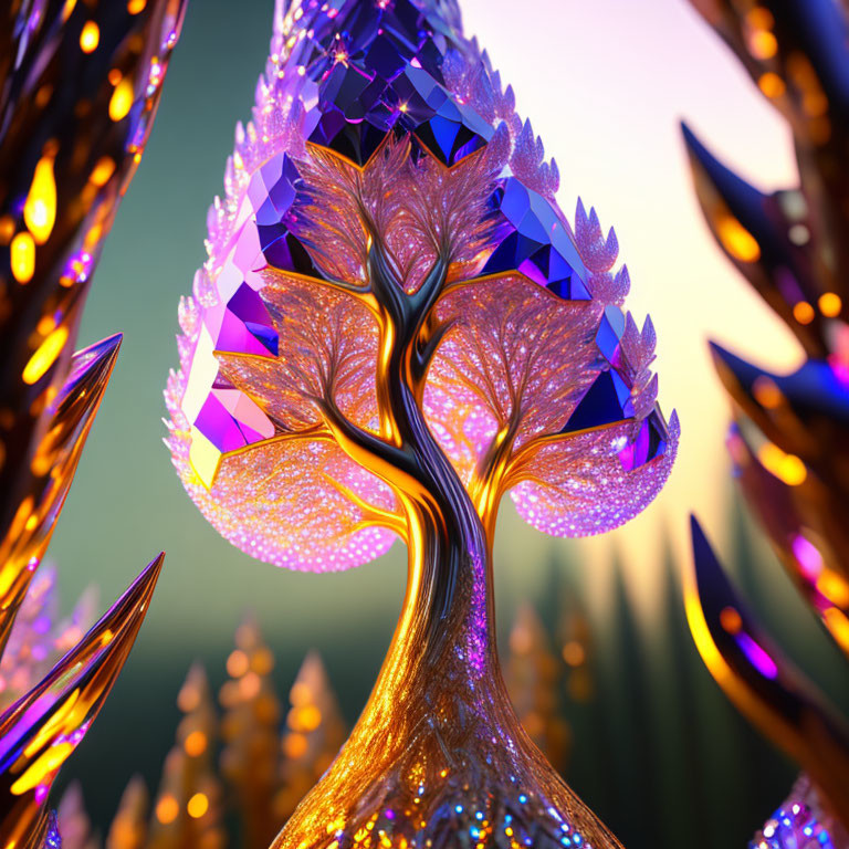 Luminescent tree with crystalline leaves in digital artwork