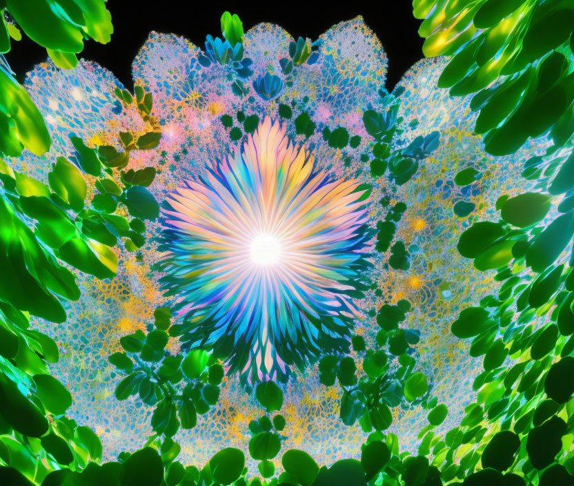 Colorful Fractal Pattern with Central Light Explosion and Neon Green, Blue, Yellow Designs