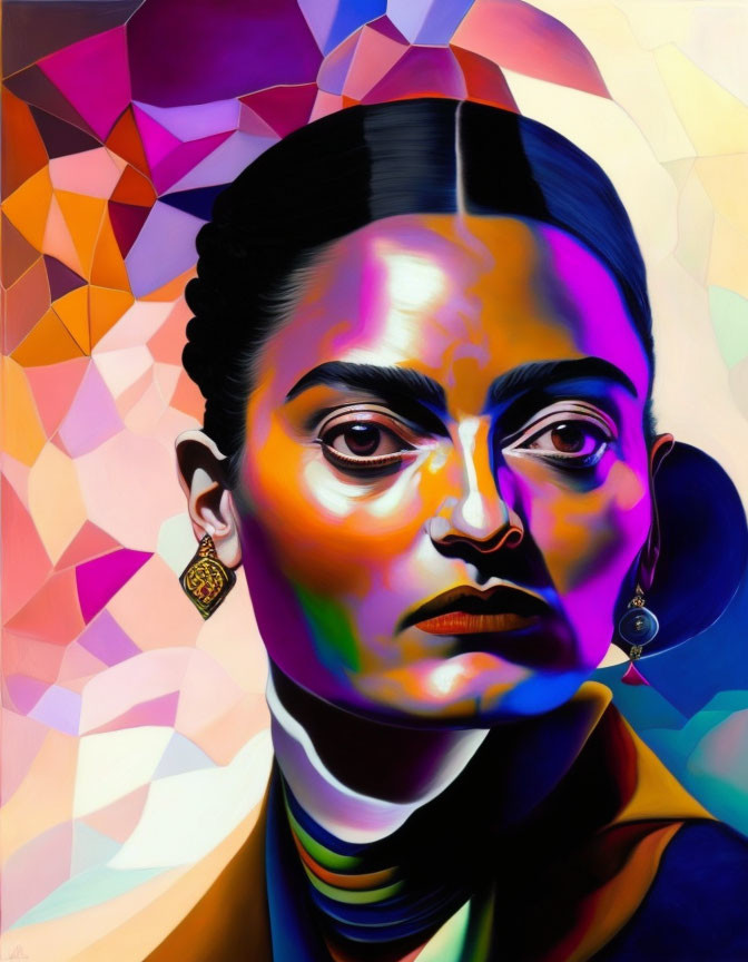 Vibrant portrait of woman with bold eyebrows and earrings on geometric backdrop