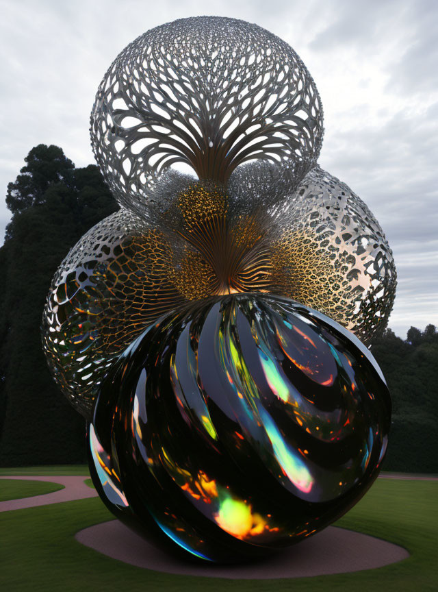 Reflective spherical sculpture with intricate cut-out patterns against cloudy sky.