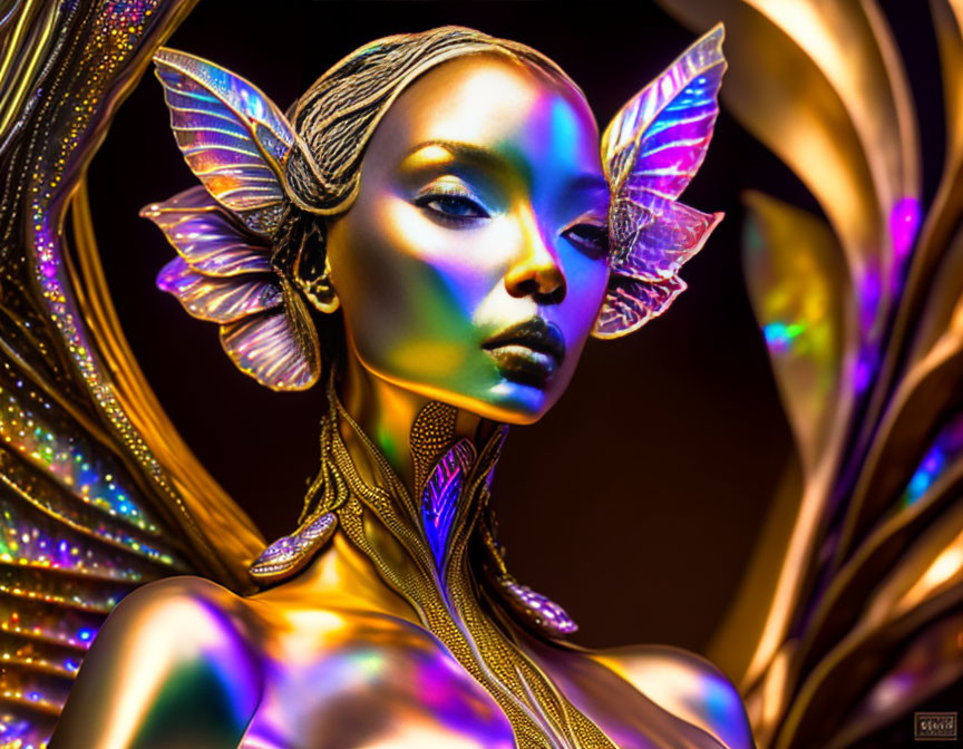 Golden metallic skin portrait with winged ear adornments in mythical setting