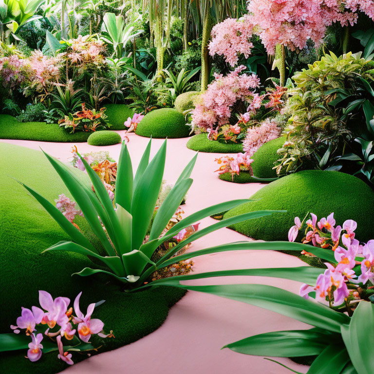 Lush Greenery and Blooming Orchids in Vibrant Tropical Garden