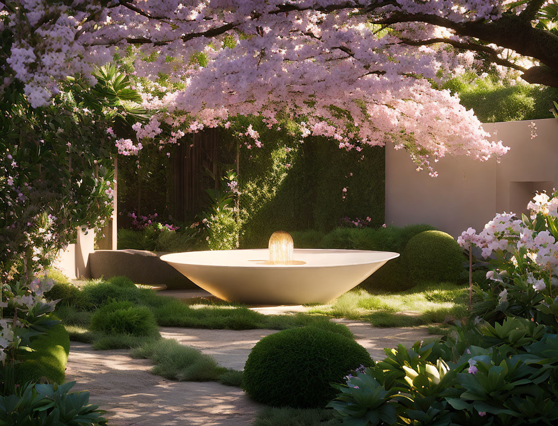 Tranquil garden scene with modern fountain and cherry blossom tree