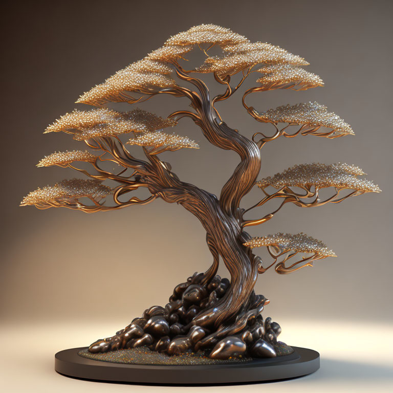 3D rendering of metallic bonsai tree with twisted trunk