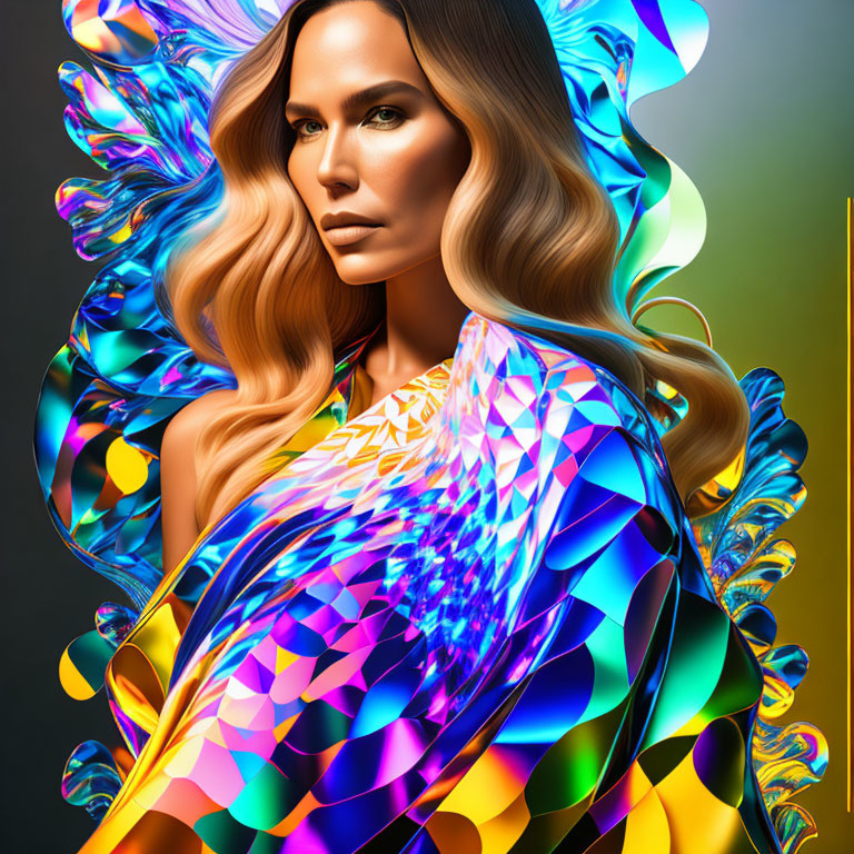 Colorful digital artwork of a woman with multicolored hair and prism shawl on gradient backdrop