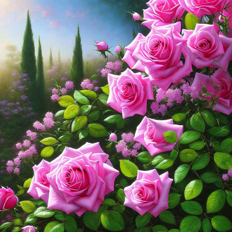 Pink roses in full bloom with lush green foliage in misty garden.