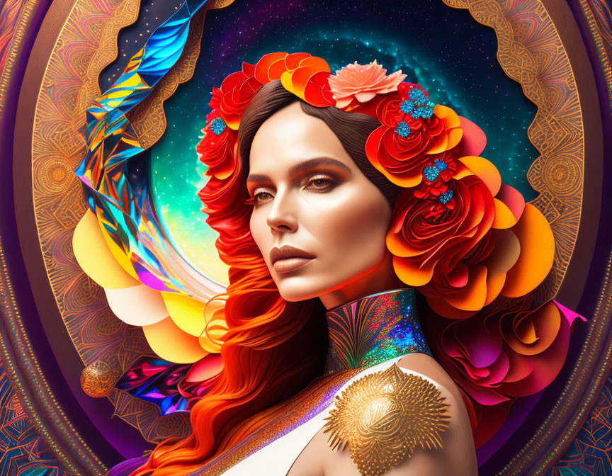 Colorful digital portrait of a woman with floral hair and cosmic backdrop