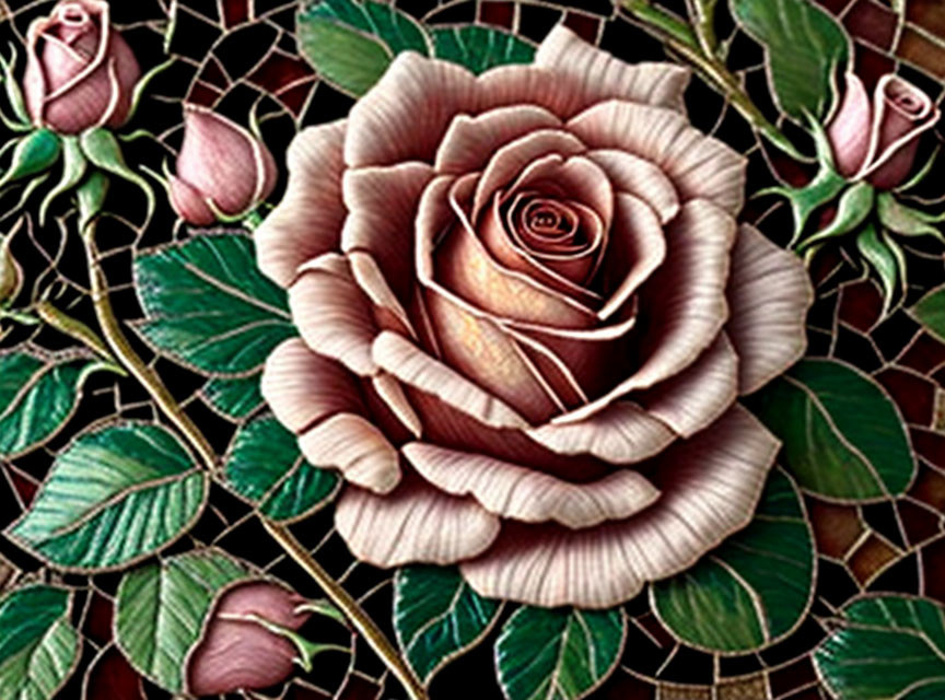 Large Pink Rose Artwork with Mosaic Texture