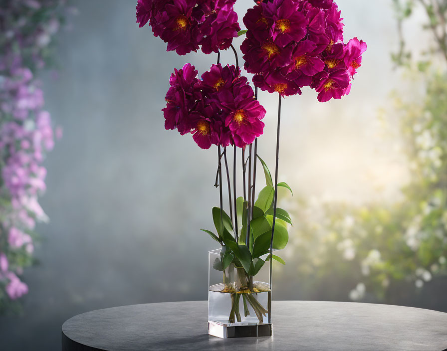 Purple peonies bouquet in clear vase on table with garden backdrop