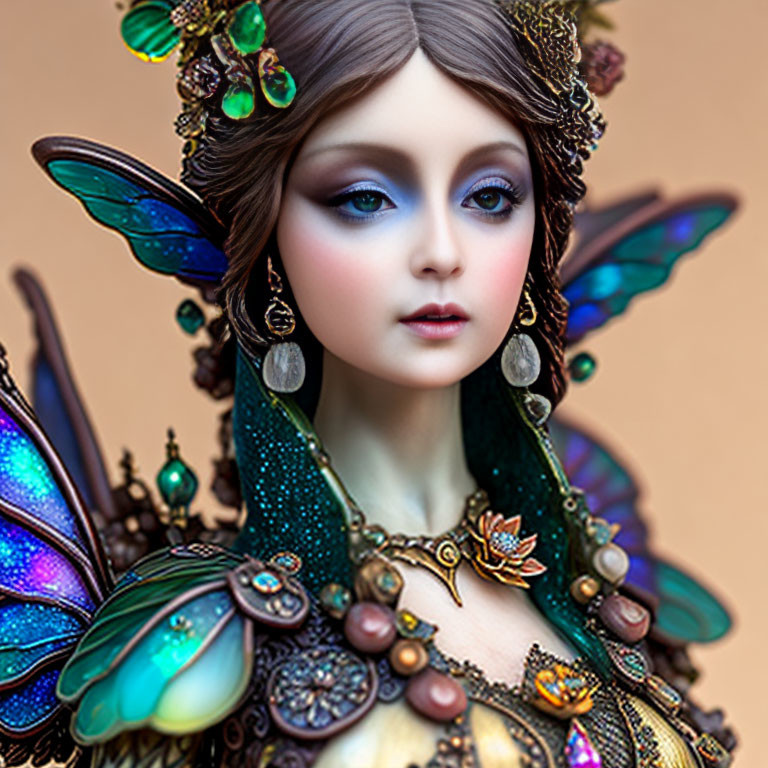 Fantasy portrait of woman with butterfly wings and nature-inspired jewelry