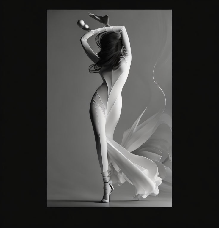 Monochrome artistic image of woman posing in flowing dress with spherical object