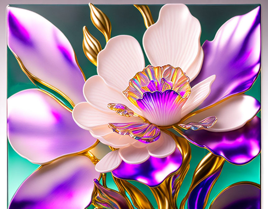 Stylized digital artwork: Purple and cream flower with golden accents on teal background