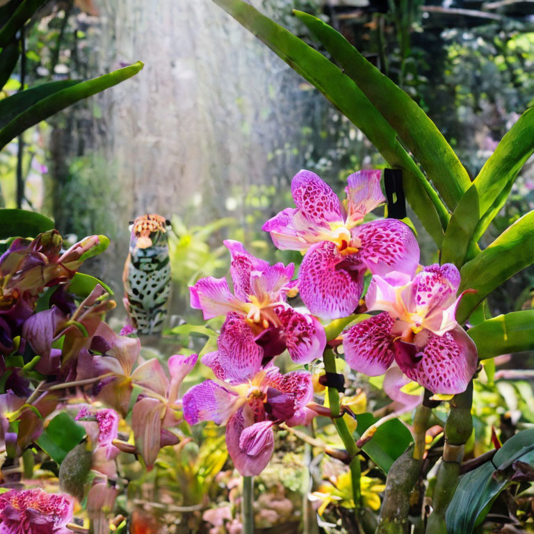 Pink orchids in front of a sprinkler in a lush greenhouse setting