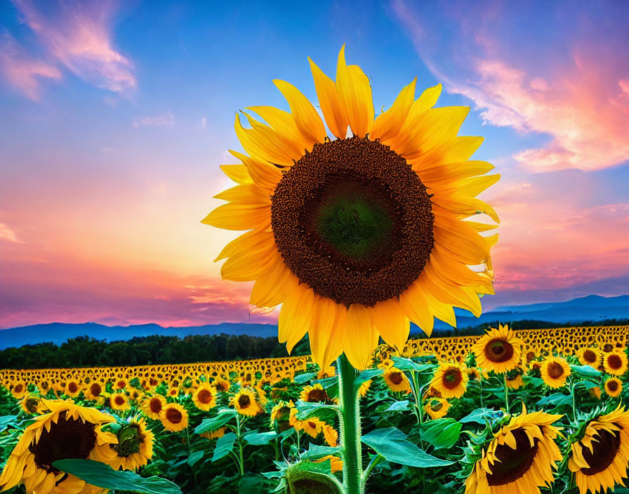 Sunflower in Sunset Sky Overlooking Field