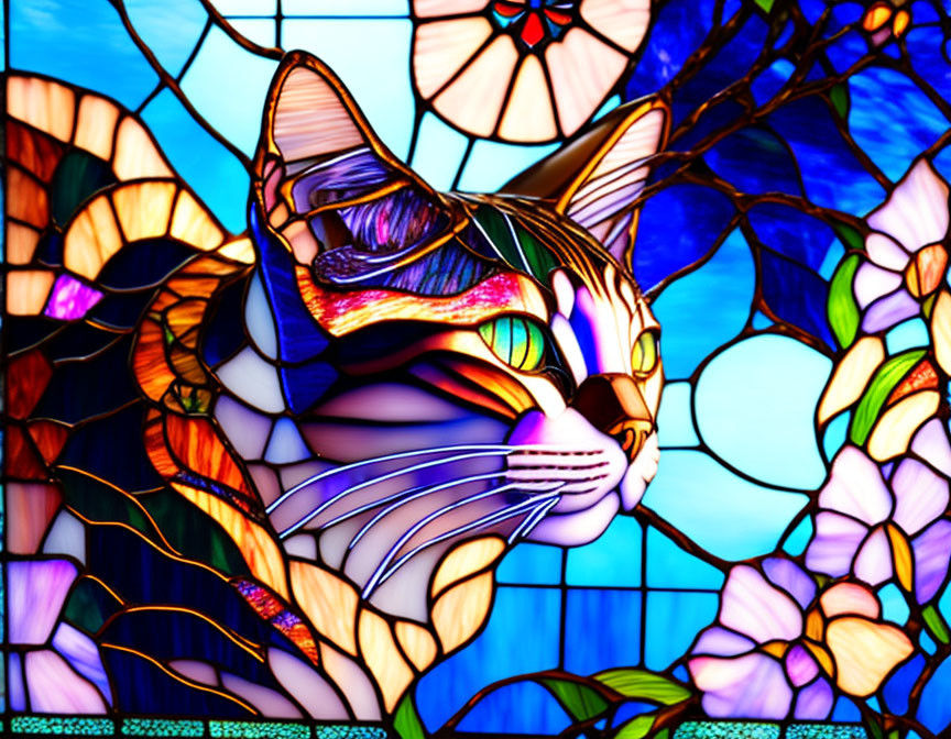 Colorful Stained Glass Artwork of Cat's Face and Floral Motifs